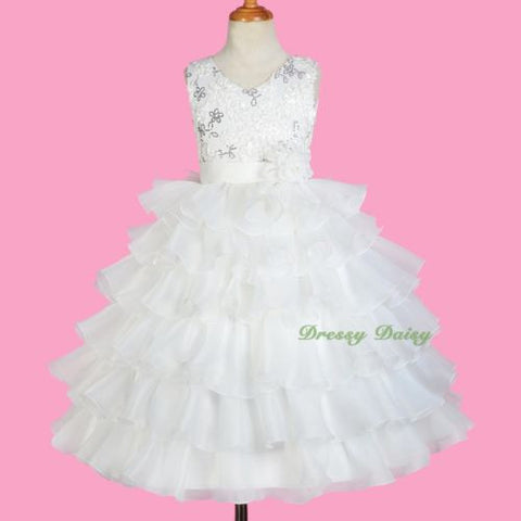 FG299 Ivory Organza Satin Tiered Formal Dress Wedding Flower Girl Party Size 3-10
