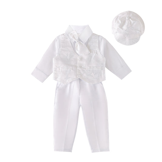 CN032 - Infant Baby Boy Christening Baptism Outfit White Suit 5 Pieces Clothing Set with Bonnet Hat