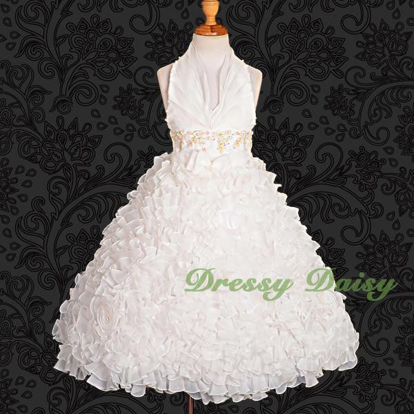 FG148 Girls Beads Halter Embossed Flower Girl Dresses Party Pageant Dress Size 2-9