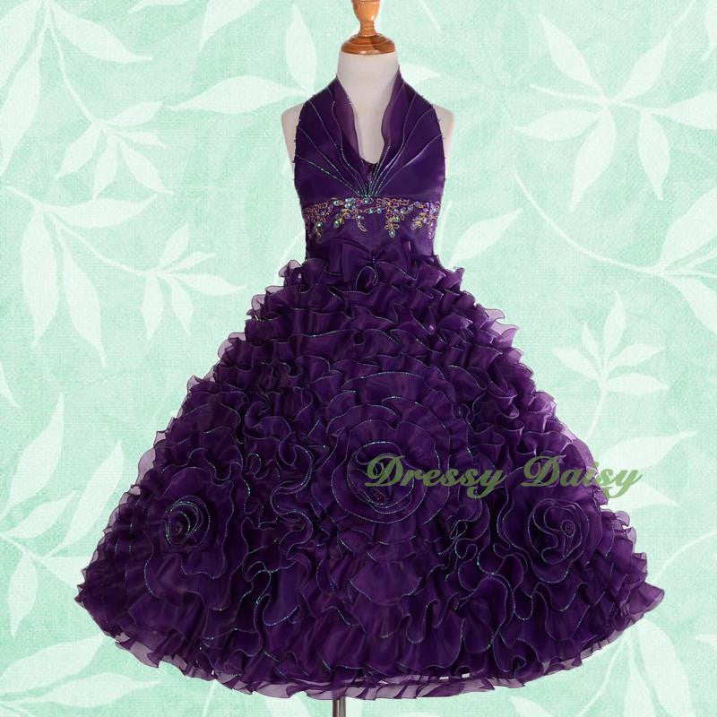 FG148 Girls Beads Halter Embossed Flower Girl Dresses Party Pageant Dress Size 2-9