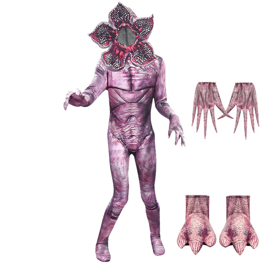 A monster-themed Halloween costume set for kids, including a purple zentai jumpsuit with a spiky tail, a piranha mask, and matching gloves and foot covers.