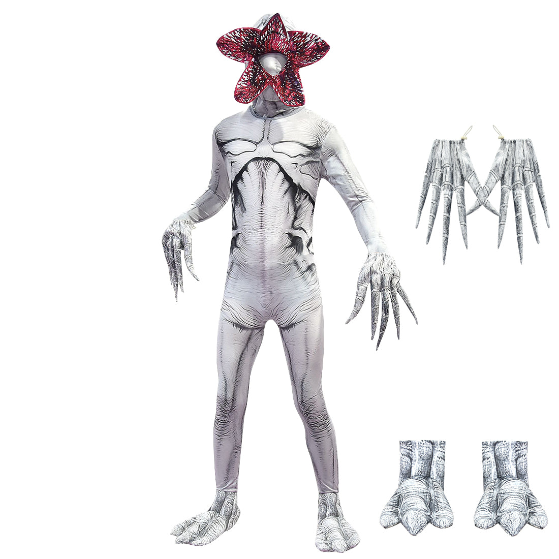 A white monster themed Halloween costume for kids, including a jumpsuit with detailed arm and leg patterns, gloves, and a piranha mask with red and black colors.