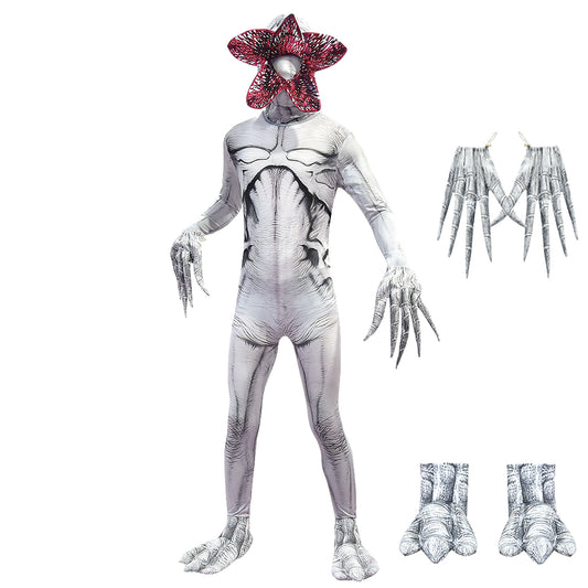 A white monster themed Halloween costume for kids, including a jumpsuit with detailed arm and leg patterns, gloves, and a piranha mask with red and black colors.