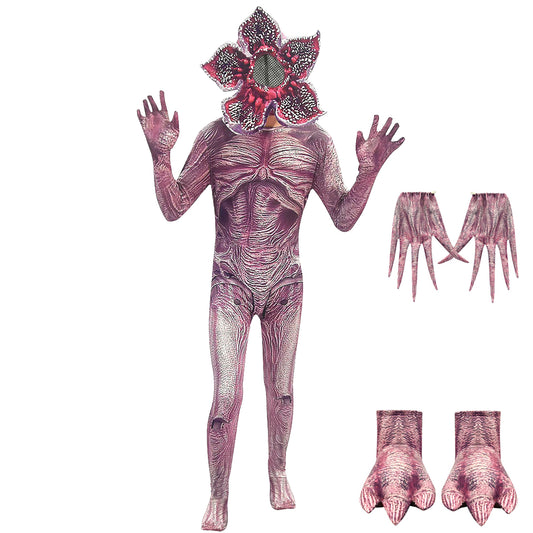 A monster-themed Halloween costume set including a jumpsuit with spiky details, gloves, and a piranha mask with eye openings.