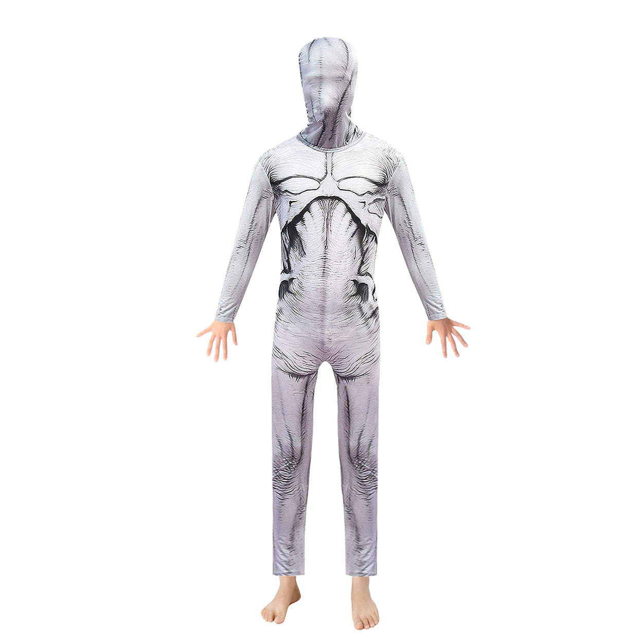A child wearing a white monster-themed Halloween costume with a hood that covers the entire body, featuring a hidden zipper at the back. The costume is designed to look like a skeleton or a ghost.