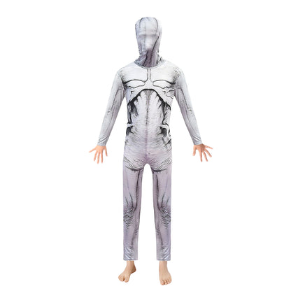 A child wearing a white monster-themed Halloween costume with a hood that covers the entire body, featuring a hidden zipper at the back. The costume is designed to look like a skeleton or a ghost.